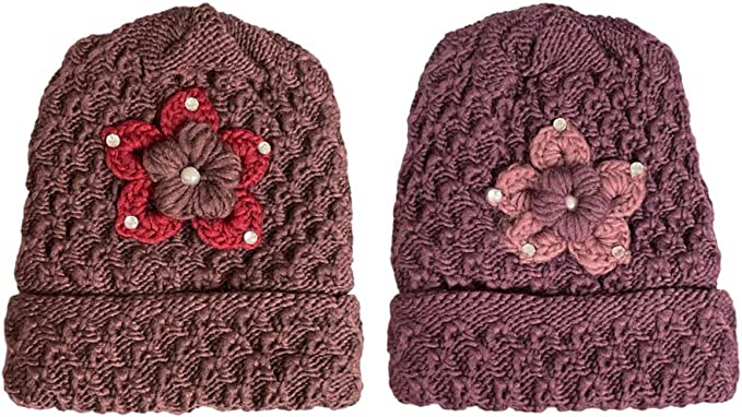 2 Pcs, Women Wool Knitted Crochet Insulated Beanie Hat with Flower for Winter Cold Weather Protection. (Mauve and Burgundy)