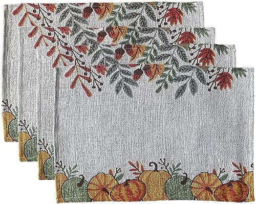 Set of 4, Harvest Tapestry Lot of Pumpkin with Fall Leaves Placemats Kitchen Dining Table Easy to Clean, Machine Washable Size: 13” x 19”.