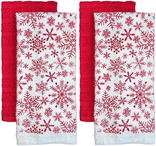 Set of 4, 100% Cotton 2 Pcs Snowflakes Design Christmas Kitchen Towels and 2 Pcs Solid Red Terry Towels, Soft and Absorbent Size: 16” x 26".