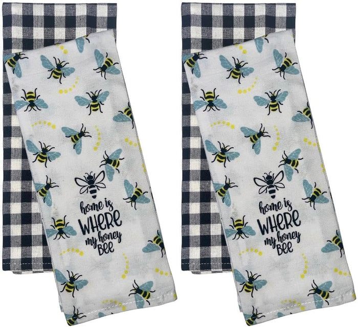 Set of 4, Home is Where My Honey bee, Black and White Buffalo Plaid Kitchen Towels, Super Soft and Absorbent Size: 15 X 25 inch.