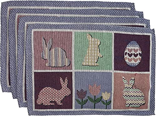 Set of 4, Happy Easter Bunnies, Eggs, Rabbit Design Tapestry Placemats Kitchen Dining Table, Easy to Clean, Machine Washable. Size: 13 x 19 inch.