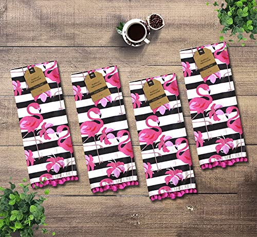 Set of 4, 100% Cotton Flamingo Design pom-pom Kitchen Towels Size: 16 x 28 Inch. Perfect Gift for Wedding, Baby Shower, Home Décor.