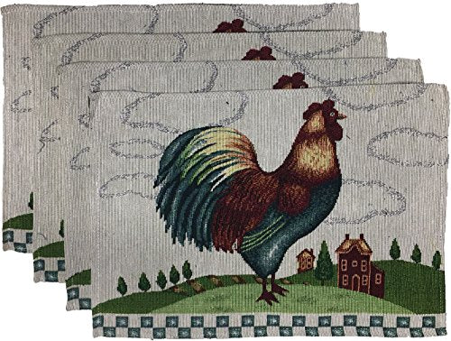 Set of 4, Farmhouse Rooster Design Tapestry placemats for Kitchen Dining Table Mats, Easy to Clean, Machine Washable. Size: 13" x 19".