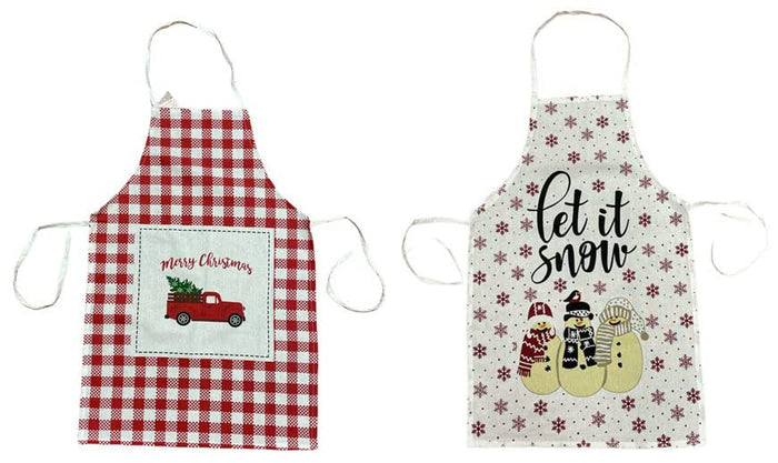 2 Pack, 100% Cotton Christmas Holiday Kitchen Apron with Sentiments Merry Christmas & Let it Snow Ideal for Dress Size: 4-6. Machine Washable Size: 19 x 30 inch.