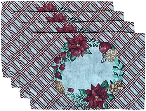 Set of 4, Christmas Wreath with Poinsettia Flower and Pine Cone Design Christmas Tapestry Placemats for Holiday Season, Home Decoration Kitchen Dining Table, Size: 13" x 19".