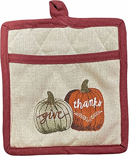 Set of 2, Kitchen Towel, Potholder Set with Pumpkin Sentiment give Thanks Autumn / Fall / Halloween Design Kitchen Towel Set.