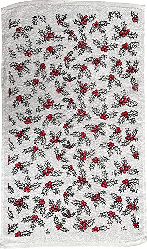 Set of 4, 100% Cotton 2 Pcs Holly Leaves with Berries Design Christmas Kitchen Towels and 2 Pcs Solid Red Terry Towels, Soft and Absorbent Size: 16” x 26".