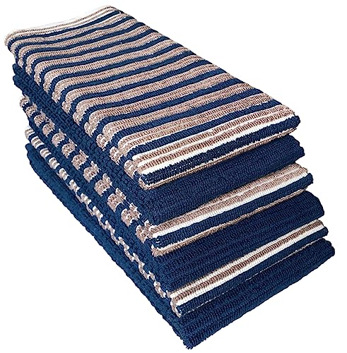 Set of 6, 100% Cotton Tan, Blue and Plain Blue Horizontal Stripes Terry Design Kitchen Towels Highly Absorbent and Machine Washable Size: 15 x 25 inch.