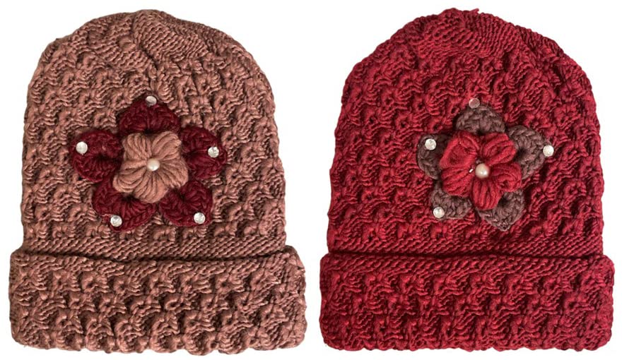 2 Pcs, Women Wool Knitted Crochet Insulated Beanie Hat with Flower for Winter Cold Weather Protection. (Mauve and Burgundy)