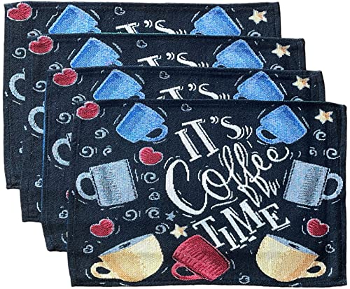 Set of 4, Coffee Cup Design Printed Tapestry Placemats Sentiment It's Coffee tim