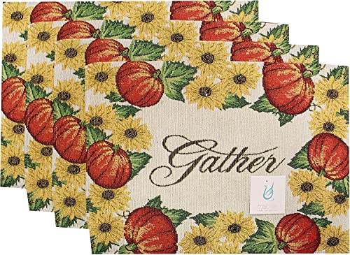 Set of 4, Pumpkin and Sunflower Sentiment Gather Autumn / Fall Design Tapestry Placemats. Dining Table, Table mat for Dining Room Easy to Clean, Machine Washable Size: 13” x 19”.