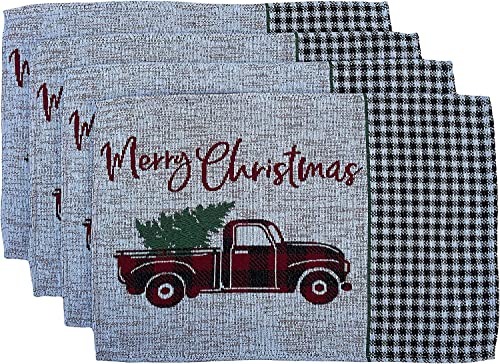 Set of 4, Red Truck with Christmas Tree with Merry Christmas and Plaid on Side,