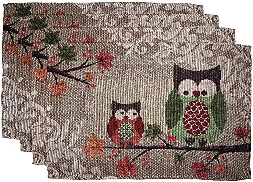 Set of 10, Harvest Owl Design Tapestry Kitchen Set, Include 4 Placemats, 2 Kitchen Towels, 2 Pot Holder & 2 Oven mitt.