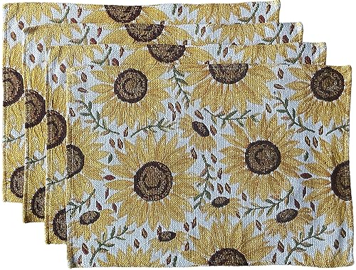 Set of 4 Large Sunflower Design Printed Tapestry placemats for Dining Table, Table mat for Kitchen Table, Spring and Summer Collection Easy to Clean, Machine Washable Size: 13 x 19 Inches.