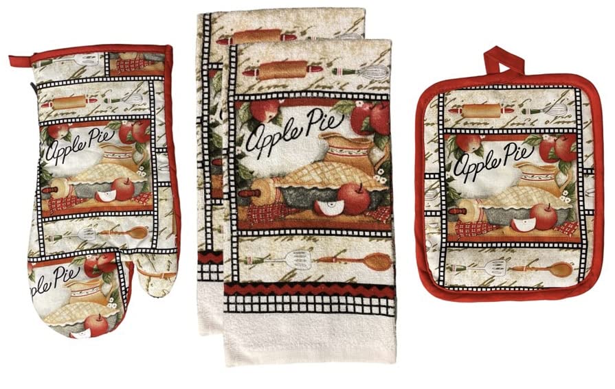 Apple Pie Design 100% Cotton Printed Kitchen Linen Set of 5, Includes 2 Kitchen