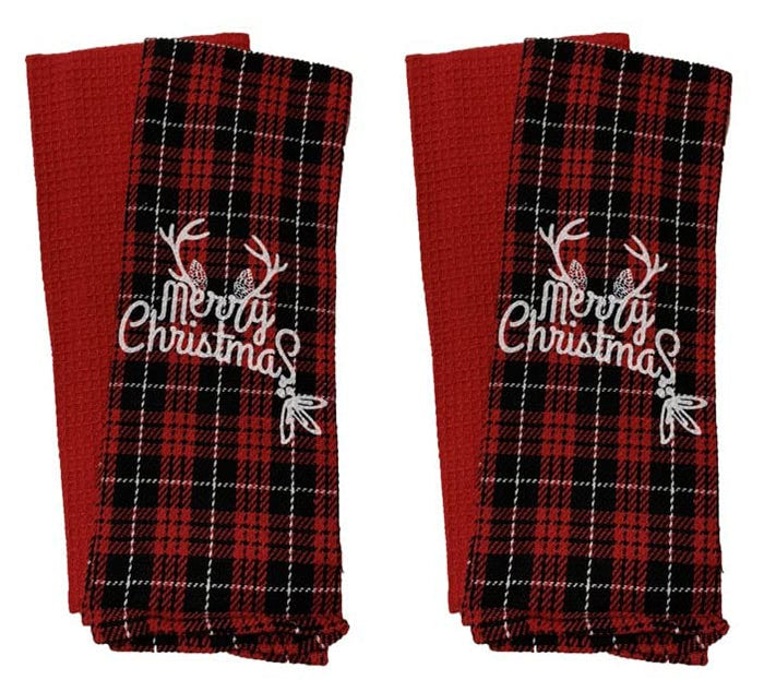 Set of 4, Red and Black Buffalo Plaid Quote Merry Christmas, 100% Cotton Herringbone Pattern and Red Waffle Weave Kitchen Towel / Tea Towels Soft and Absorbent Size: 16” x 28".