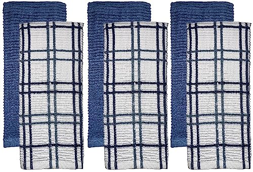 Premium Cotton Set of 6, 3 Windowpane Terry Kitchen Towels Dish Towels and 3 Solid Kitchen Towels 425 GSM, Soft and Highly Absorbent, Machine Washable Size: 16 x 26 Inch.