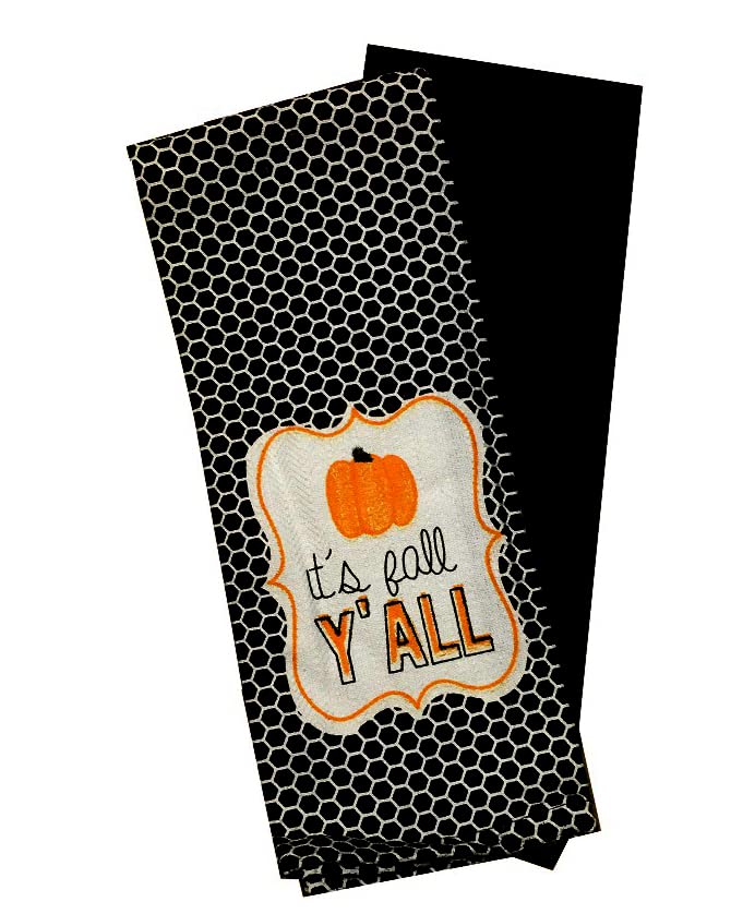 2 Pack, Pumpkin Sentiment It's Fall Y'all Haxagon Fall Design 100% Cotton Kitchen Towels Size: 16 x 28 Inch.