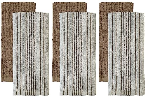 Premium Cotton Kitchen Towels Dish Towels Set of 6, 3 Vertical Stripe and 3 Solid Kitchen Towels 425 GSM, Soft and Highly Absorbent, Machine Washable Size: 16 x 26 Inch.