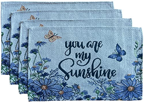 Set of 4 Blue Cornflower with Butterfly You are My Sunshine Printed Tapestry pla