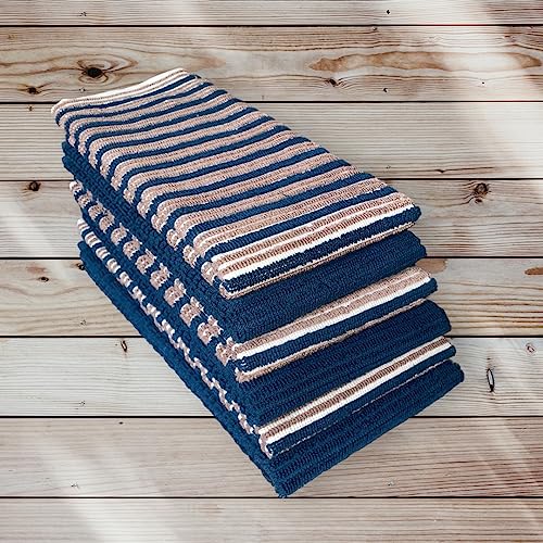 Set of 6, 100% Cotton Tan, Blue and Plain Blue Horizontal Stripes Terry Design Kitchen Towels Highly Absorbent and Machine Washable Size: 15 x 25 inch.