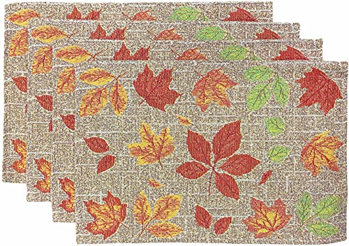 Set of 4, All Over Fall Leaf, Autumn, Fall, Thanksgiving Tapestry Placemats. Dining Table, Table mat for Dining Room Easy to Clean, Machine Washable Size: 13” x 19”.