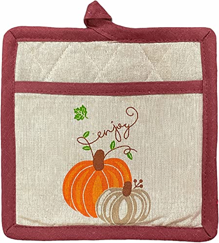 Set of 2, Kitchen Towel, Potholder Set, Pumpkin Sentiment Enjoy Autumn / Fall / Halloween Design Kitchen Towel Set.