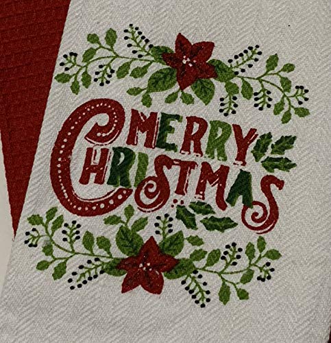 Set of 4, 100% Cotton Red and Green Poinsettia Flower with Merry Christmas on White Herringbone Pattern and Red Waffle Weave Kitchen Towel / Tea Towels Soft and Absorbent Size: 16 inch x 28 Inch.