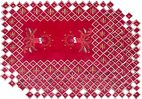 Set of 10, Christmas Holiday Decorate Candle, Bells and Flower on Red Base Embroidery and Cut Work 4 Pcs Placemat 14 x 20 Inch and Runner Size: 16 x 36 Kitchen Dining Table.