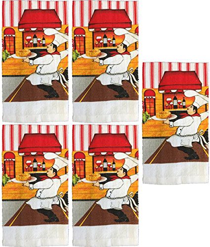 Set of 5, 100% Cotton Chef Serving Wine and Food Design Printed Terry Kitchen Towels Size : 15 inch x 25 inch.