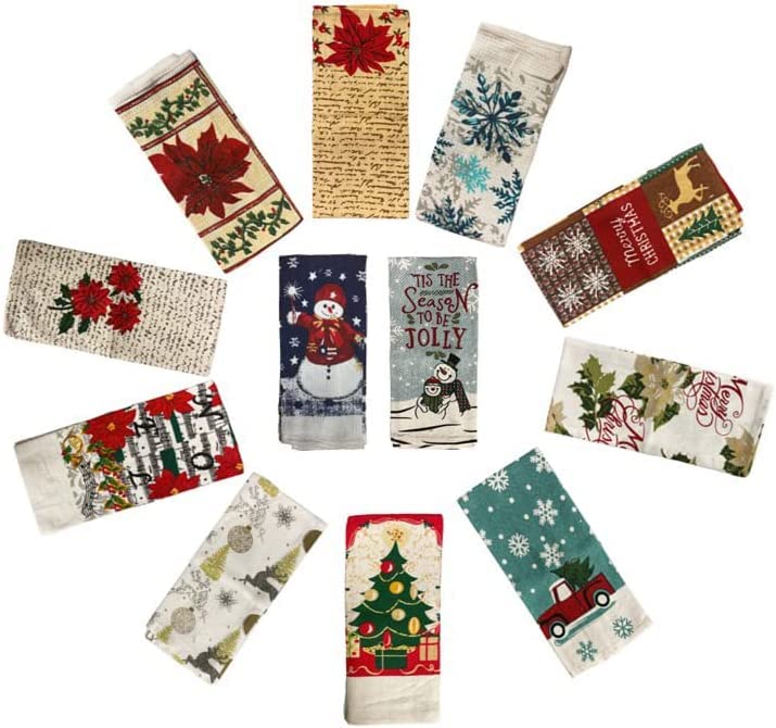 Set of 4, Christmas Holiday Print Velour Terry Kitchen Towels Size : 15" x 25" - 4 Assorted Design - Design May Very.