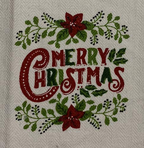 Set of 4, 100% Cotton Red and Green Poinsettia Flower with Merry Christmas on White Herringbone Pattern and Red Waffle Weave Kitchen Towel / Tea Towels Soft and Absorbent Size: 16 inch x 28 Inch.