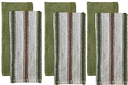 Premium Cotton Yarn Dyed Terry Kitchen Towels Dish Towels Set of 6, 3 Stripes and 3 Solid Kitchen Towels 425 GSM, Soft and Highly Absorbent, Machine Washable Size: 16 x 26 Inch.