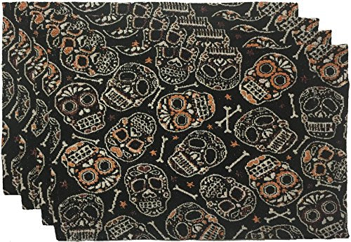 Set of 4, Day of The Dead Skull Halloween Tapestry Placemats Dining Table, Table mat for Dining Room Easy to Clean, Machine Washable Size: 13” x 19”.