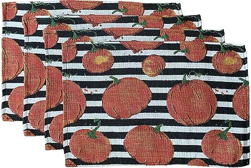 Set of 4, Pumpkin Black and White Horizontal Stripes Tapestry Placemats. Dining Table, Table mat for Dining Room Easy to Clean, Machine Washable Size: 13” x 19”.