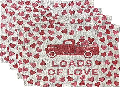 Valentine's Day Pink and Red Heart Vintage Truck with Loads of Love, Make Your Valentine Special on February 14, Set of 4 Tapestry Placemat for Home, Dining and Wedding Decoration Size: 13" x 19".