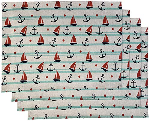 Set of 4, Coastal Nautical Sailing Boat & Anchor Design Tapestry Placemats for Kitchen Dining Table Mats, Easy to Clean, Machine Washable. Size: 13" x 19".