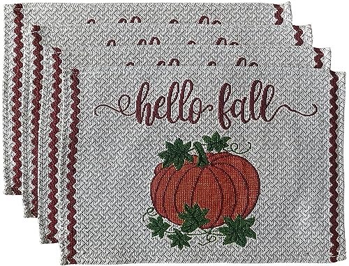 Set of 4, Harvest Fall Pumpkin with Leaves and Hello Fall Placemats Kitchen Dining Table Easy to Clean, Machine Washable Size: 13” x 19”.