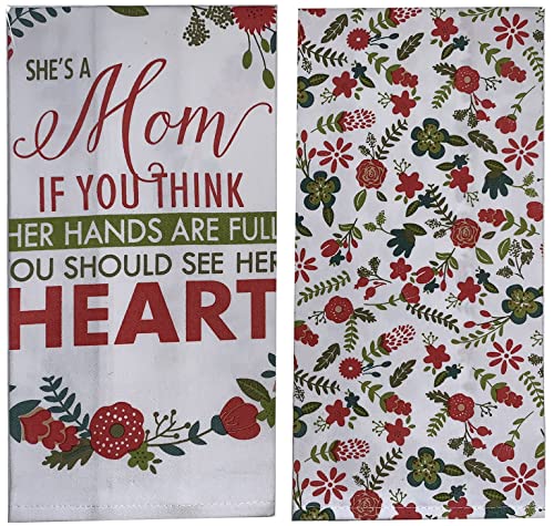 Petal Cliff Set of 2, Printed Kitchen Towels Size: 15" x 25", 1 Floral Design and 1 Floral Design with Beautiful Message She's a Mom If You Think Her Hands are Full, You Should See Her Heart”.