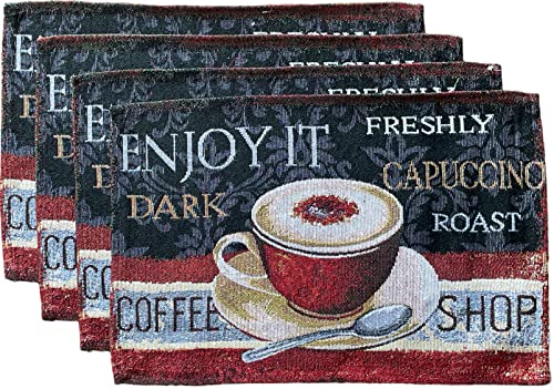 Set of 4, Coffee Design Tapestry Placemats Sentiment Enjoy it Dark, Freshly, Cap