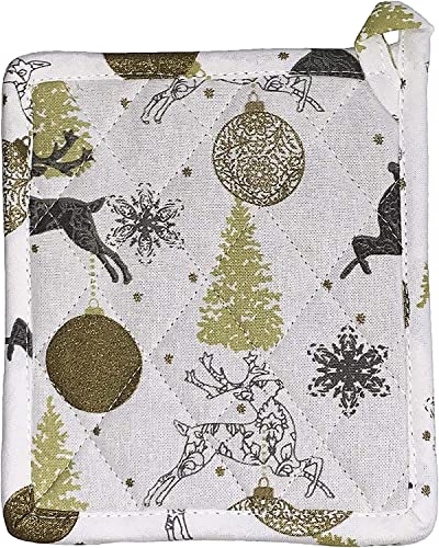 Set of 4, Reindeer, Christmas Tree, Christmas Bulbs, Snowflakes Design Christmas/Holiday Season 100% Cotton Kitchen Towel Set, Includes 2 Kitchen Towels, Pot Holder & Oven mitt.