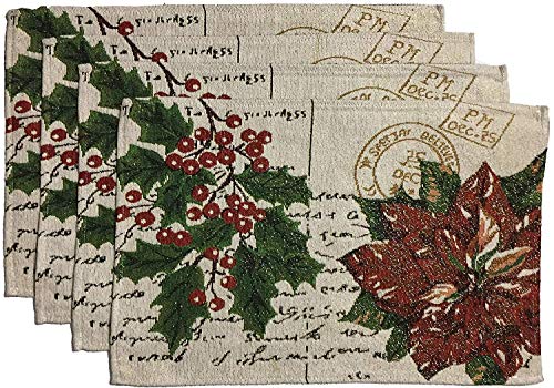 Set of 4, Red and Green Poinsettia Flower, Holly Leaves with Berries Christmas Tapestry Placemats for Holiday Season, Home Decoration Kitchen Dining Table, Easy to Clean Size: 13" x 19".