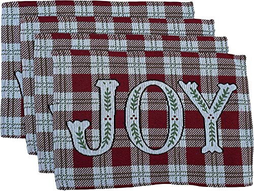 Set of 4, Red and White Checkered with Joy Holiday Christmas Tapestry Placemats