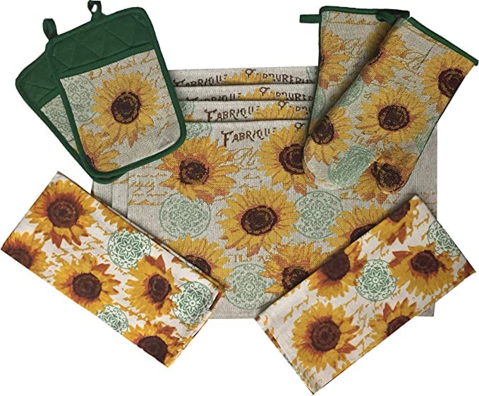 Set of 10, Sunflower Design Tapestry Kitchen Towel Set, Include 4 Placemats, 2 Kitchen Towels, 2 Potholder & 2 Oven mitt.