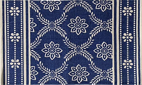 100% Cotton Blue Traditional Design Handwoven Printed Rugs Size: 20 Inch x 32 Inch (Floral)