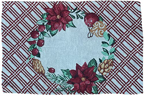 Set of 4, Christmas Wreath with Poinsettia Flower and Pine Cone Design Christmas Tapestry Placemats for Holiday Season, Home Decoration Kitchen Dining Table, Size: 13" x 19".