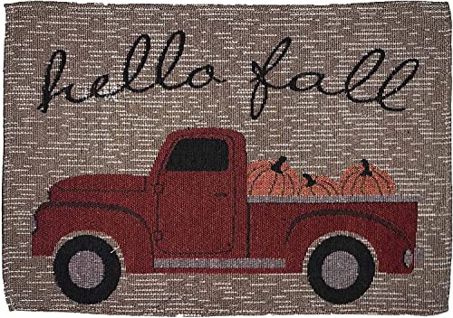 Set of 10, Red Truck with Pumpkin Fall Design Sentiment Hello Fall Tapestry Kitchen Towel Set, Include 4 Placemats, 2 Kitchen Towels, 2 Pot Holder & 2 Oven mitt.