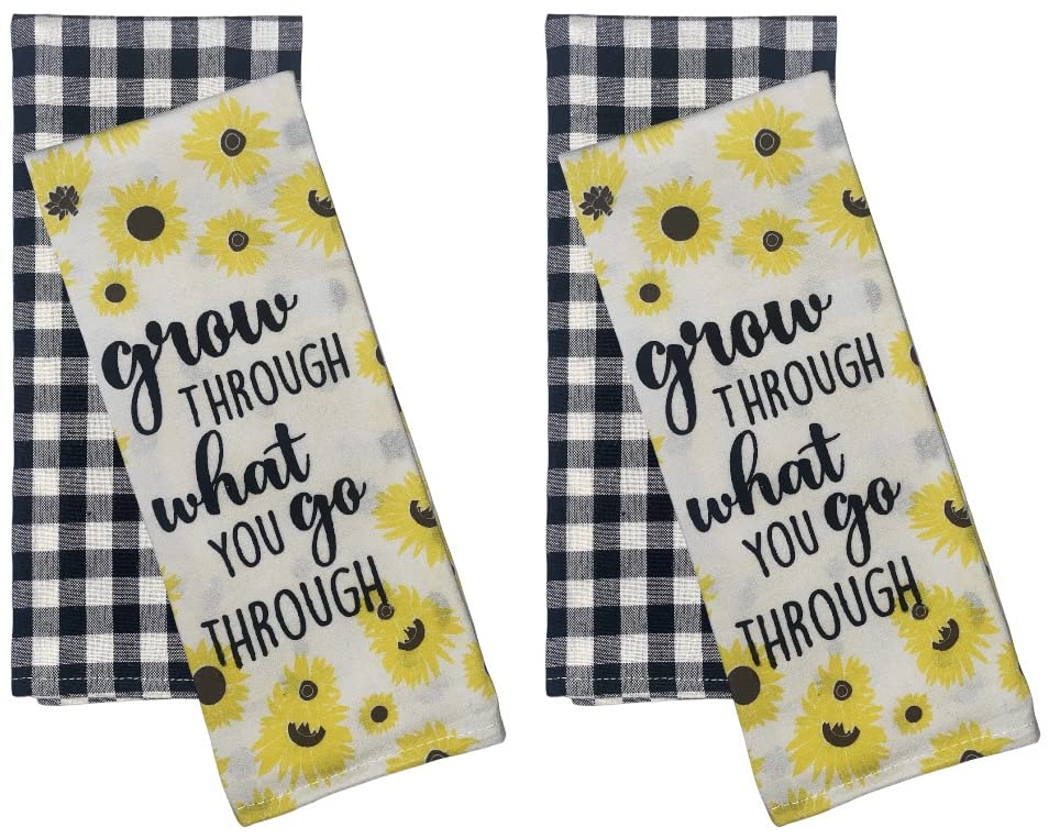 Set of 4, Sunflower with Grow Through What You go Through and Black and White Buffalo Plaid Kitchen Towels, Super Soft and Absorbent Size: 15" X 25.