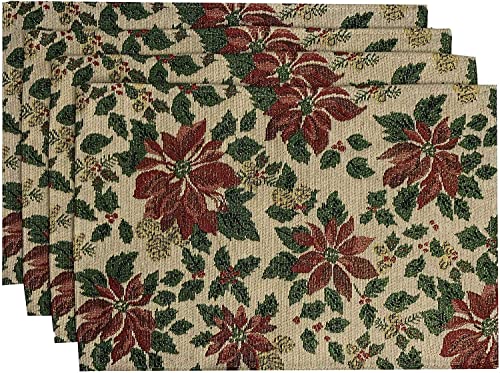 Set of 4, Red and Green Holly Poinsettia flower Design Christmas Tapestry Placemats for Holiday Season, Home Decoration Kitchen Dining Table, Perfect for Party or Gifts. Easy to Clean Size: 13" x 19".