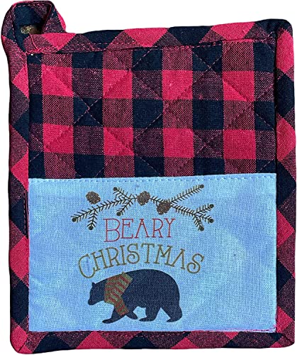 Set of 6, 100% Cotton, Holiday Season Farmhouse Kitchen Towel Sets Sentiment Beary Christmas Includes 4 Kitchen Towels, Pot Holder & Oven mitt.